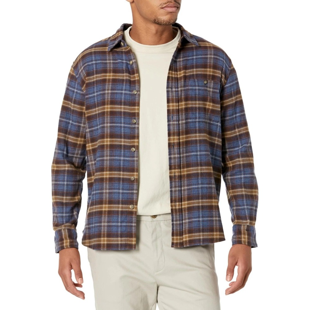 Pendleton Fremont Cotton Flannel Button Down Shirt Indigo‎ Brown Gold Plaid M